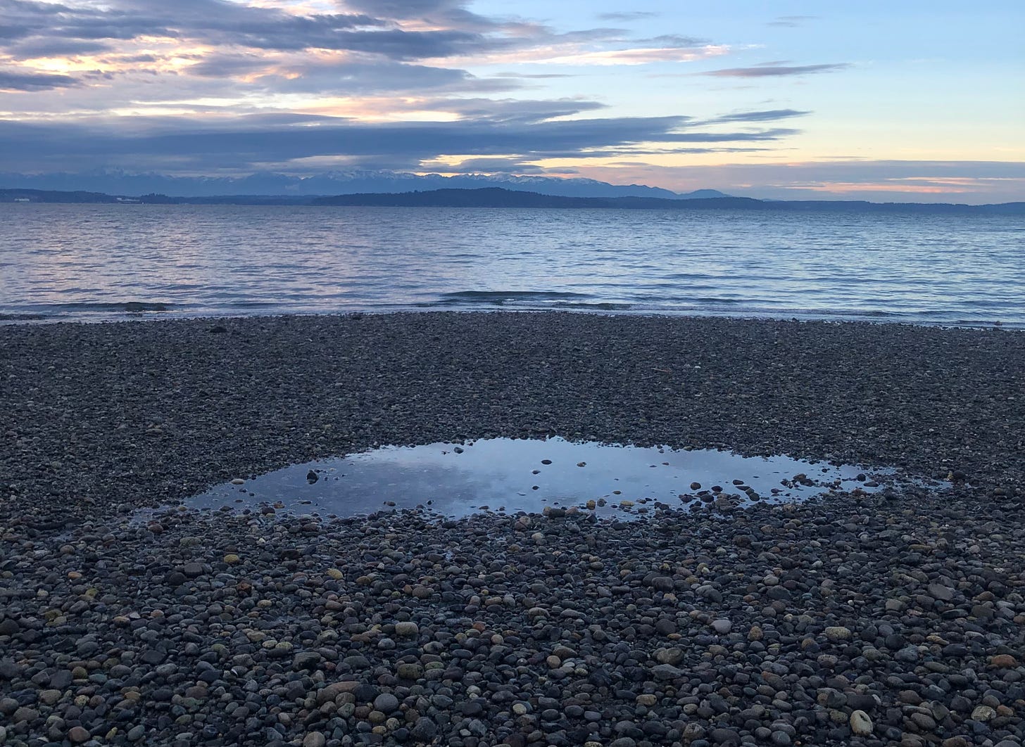 image of a rocky ocean beach with a half-moon puddle reflecting the sky and snowy mountains visible in the beyond.