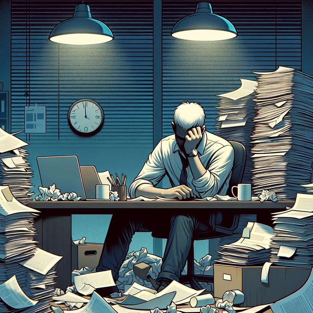 An illustration of a person sitting at a cluttered desk, surrounded by mountains of paperwork, empty coffee cups, and scattered office supplies, symbolizing the completion of a massive project. The person is slumped over the desk, their head resting on one hand, while the other hand hangs limply at their side. Their expression is one of exhaustion and relief, eyes closed, with a faint smile, indicating both the satisfaction of completing the task and the overwhelming tiredness that follows. The background features a dimly lit room with a clock showing late night hours, emphasizing the long hours spent working. This scene captures the essence of burnout after a significant achievement in a work or academic setting.