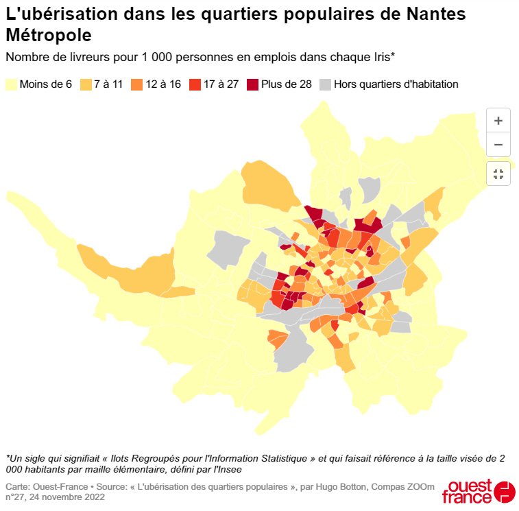 Infographie illustrant le nombre de livreurs à Nantes par quartier