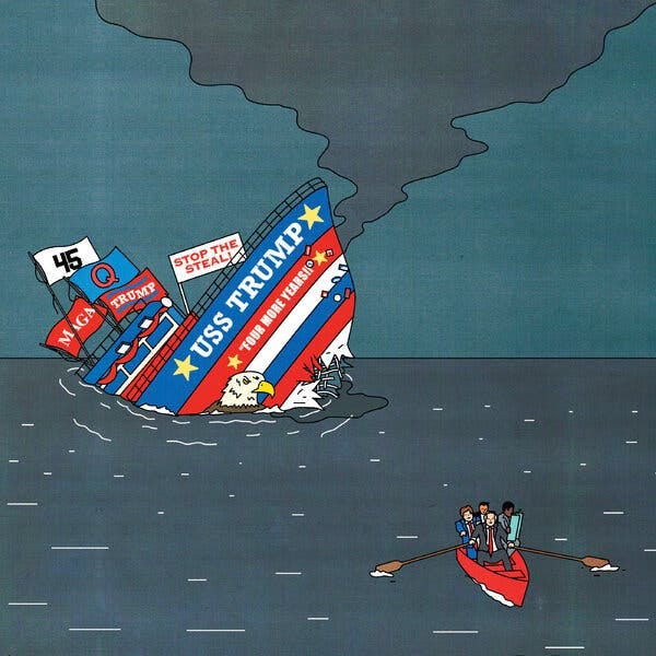 An illustration of a red-white-and-blue ship labeled U.S.S. Trump. flying flags that say 45 and Q and Stop the Steal, sinking into the water, while a red lifeboat with a handful of people in it steers away.