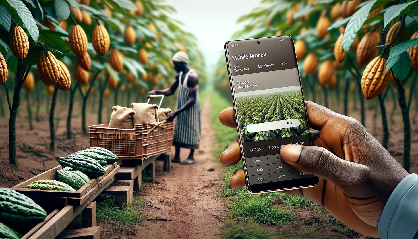 Create a photorealistic and hyper-detailed image suitable for use as a banner for an article. The image should subtly represent the theme of mobile money's impact on Ghana's cocoa farmers. Depict a close-up of a hand holding a smartphone displaying a mobile money transaction, with a blurred background that hints at a cocoa farm in rural Ghana. The image should be nuanced and sophisticated, avoiding overt AI-generated aesthetics, and suitable for professional use as a blog banner.