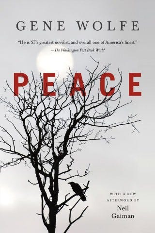 Book cover Gene Wolfe Peace with outline of dead tree and a bird with a new afterword by Neil Gaiman
