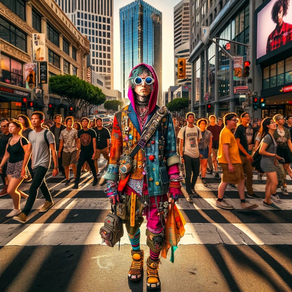 A photograph capturing a person who does everything opposite to societal norms, depicted as a young adult in a vibrant urban setting. The individual, dressed in a mix of traditional and futuristic clothing, is walking against the flow of a crowd on a busy city street. They are wearing bright, mismatched colors and unconventional accessories, contrasting with the more conventional attire of the people around them. The background showcases a bustling cityscape with modern buildings and busy sidewalks. The lighting is dynamic, with the setting sun casting long shadows and creating a dramatic contrast between light and dark areas. The photograph is taken with a DSLR camera, employing a wide-angle lens, f/4 aperture, 1/60s shutter speed, and ISO 200. The image captures a candid moment of individuality and defiance in a conformist environment.