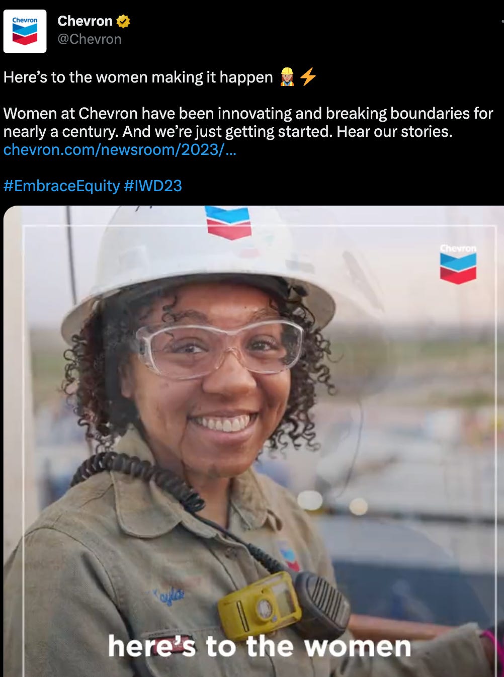 ID: a screenshot of a tweet from Chevron that celebrates International Women's Day