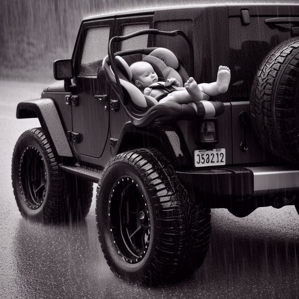 Tires that grip in the wet (shot of baby strapped to back seat)