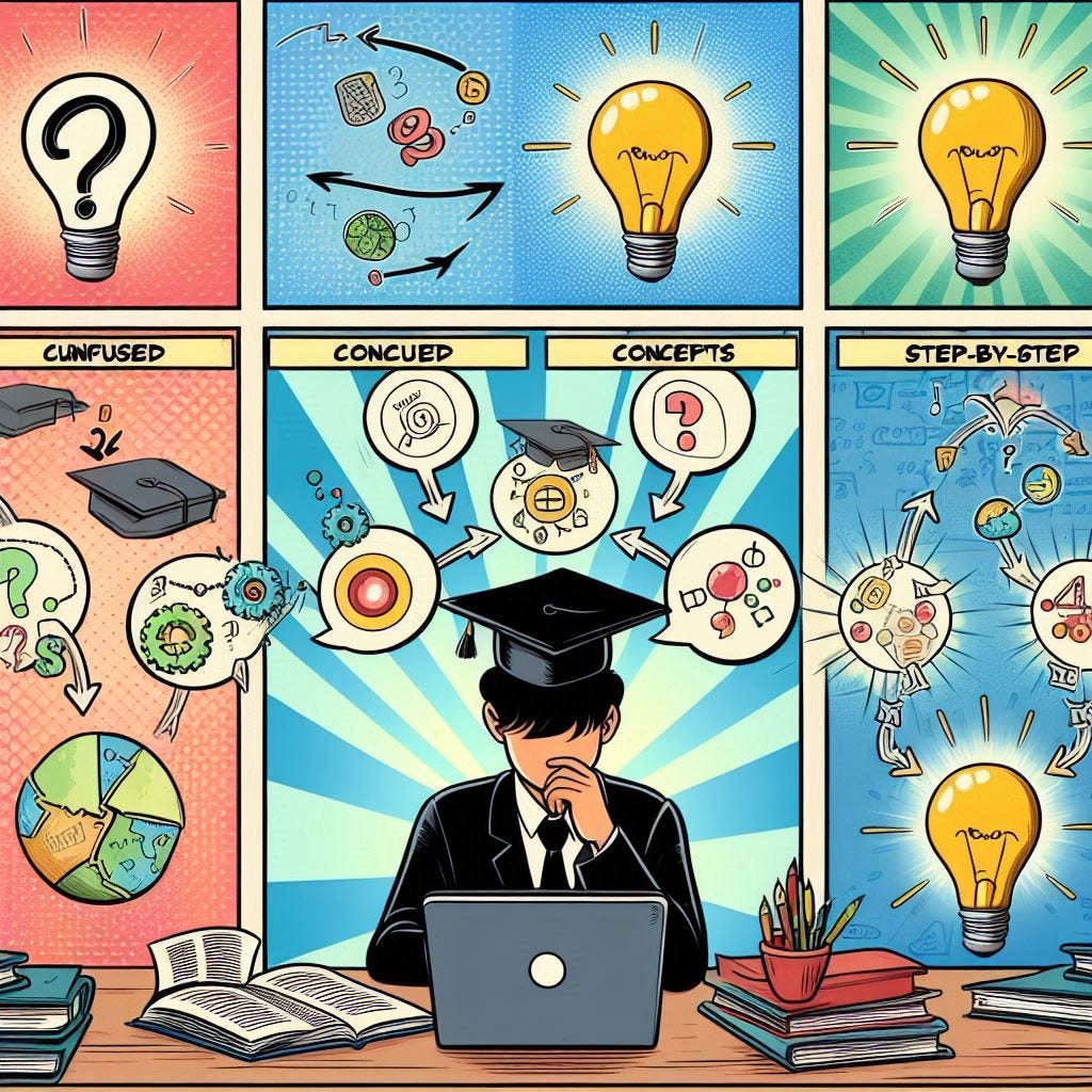 A comic-strip style visual showing a student journey—starting confused with a question mark over their head, learning step-by-step concepts with glowing icons, and finishing with a lightbulb moment. Dont include any numbers or letters in the image.