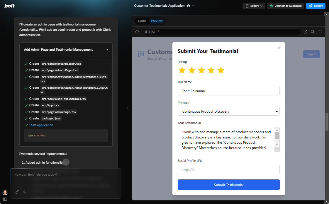 Building testimonials with Bolt.new