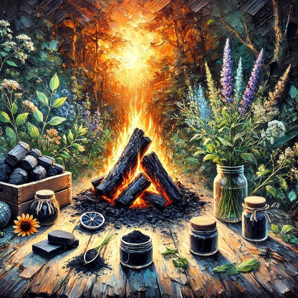 A vibrant impressionist oil painting with thick, expressive brush strokes highlighting the theme of charcoal as a natural remedy. The central focus is a glowing charcoal fire in a serene natural setting, surrounded by herbal elements like leaves and flowers. A rustic wooden table holds jars of activated charcoal powder and poultices, symbolising its medicinal uses. The scene also features a peaceful forest background with sunlight filtering through the trees, evoking a sense of natural healing and tranquility. The colour palette is rich with deep blacks, greys, earthy browns, and warm golden light.