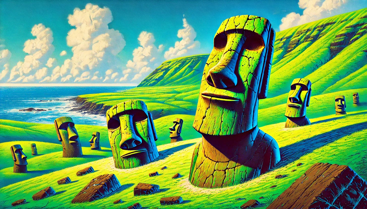 A vibrant, slightly cartoony view of Easter Island, featuring the iconic Moai statues. The landscape shows green rolling hills, a bright blue sky with a few fluffy clouds, and the Pacific Ocean in the background. The Moai statues are exaggerated with big, friendly faces, but they are deteriorating and falling apart. Cracks are visible on the stone, with some pieces missing, and a few statues are leaning or crumbling. The tone remains playful, with bright colors and a lighthearted, cartoon-like atmosphere, despite the visible wear and decay on the statues.