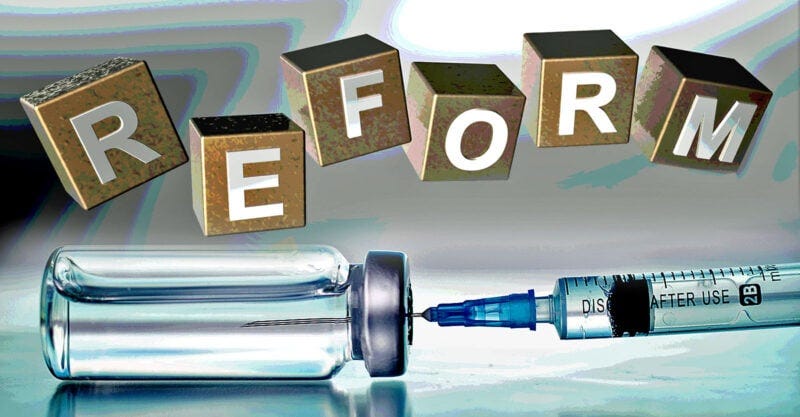 word "reform" and vaccine bottle
