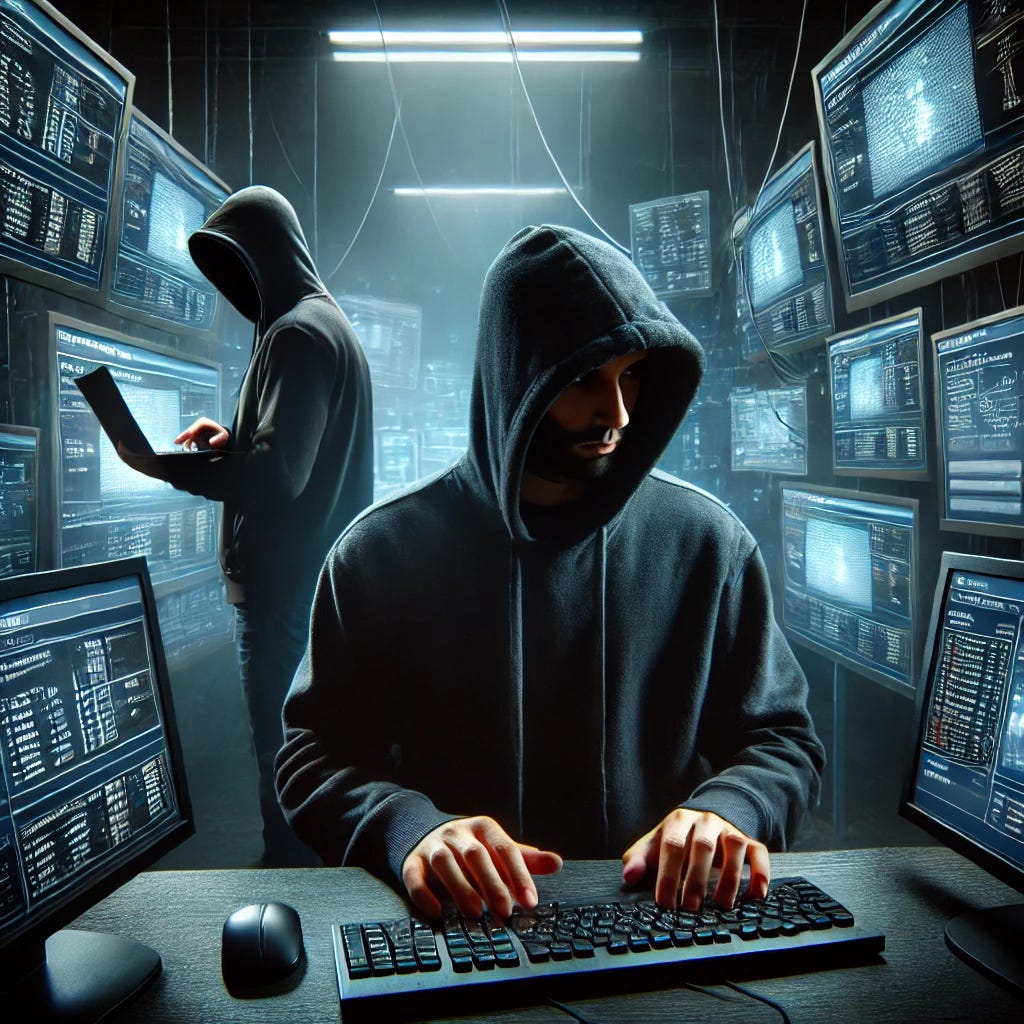 A realistic cybercrime operation in progress: a dark room filled with multiple computer monitors displaying stolen user data. A hacker wearing a black hoodie and mask types rapidly, while another figure stands in the shadows observing. The atmosphere is tense, with dim lighting and reflections of data streams flashing across their faces.