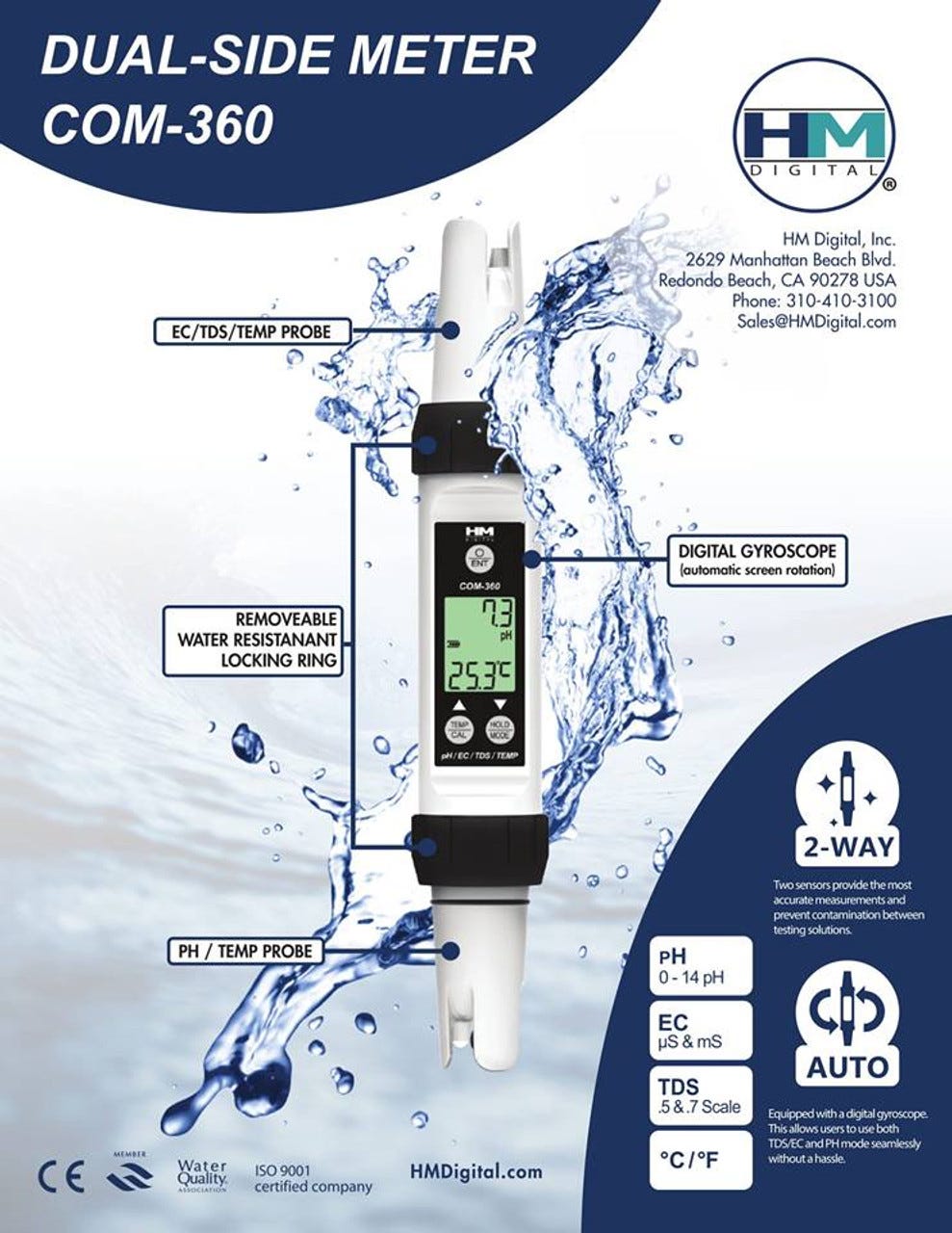 HM Dual Side Meter COM 360 PH/TDS/Temp Water Resistant Handheld Meter @  Fish Tanks Direct