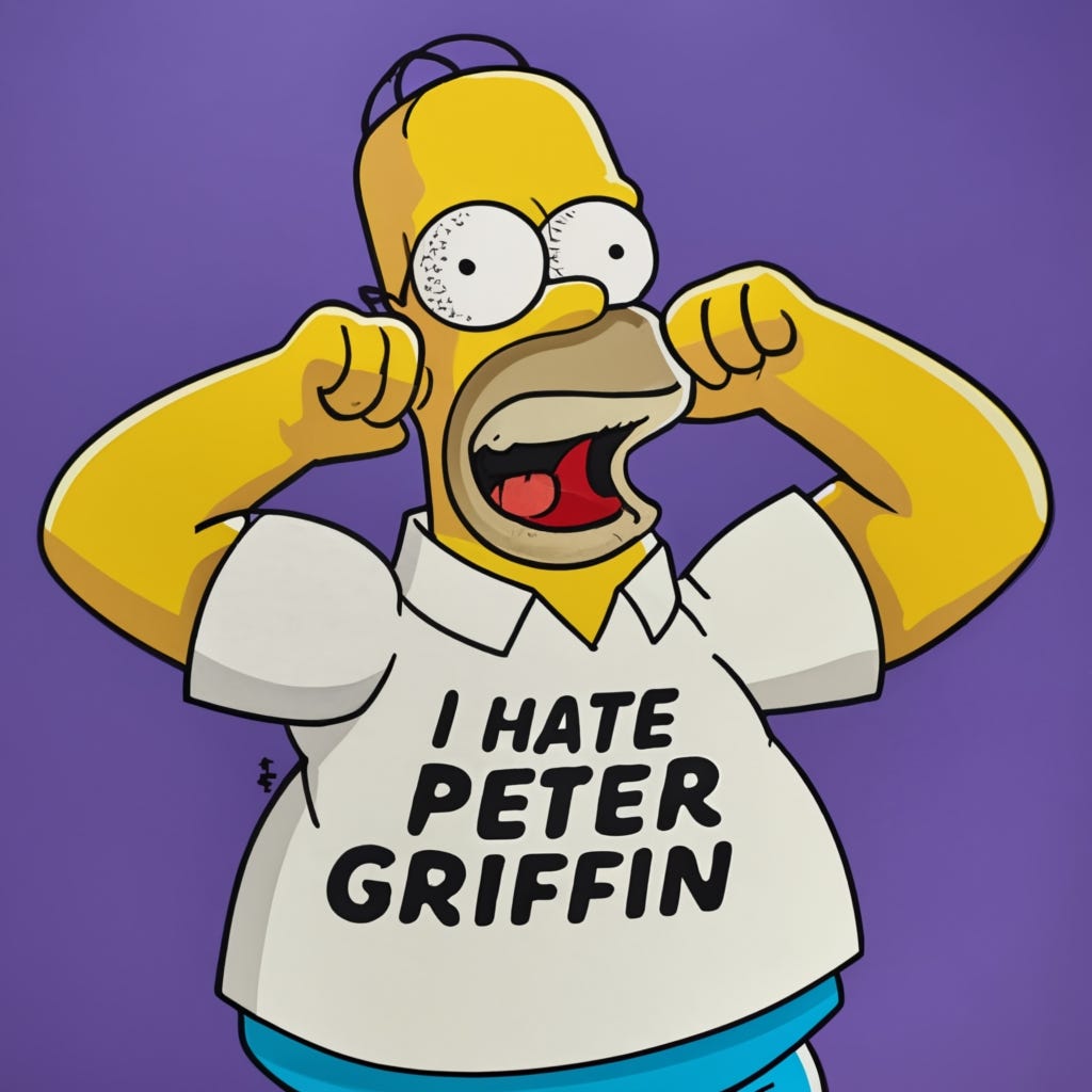 Ideogram image for "Homer Simpson with a T-shirt that spells "I Hate Peter Griffin", painting"