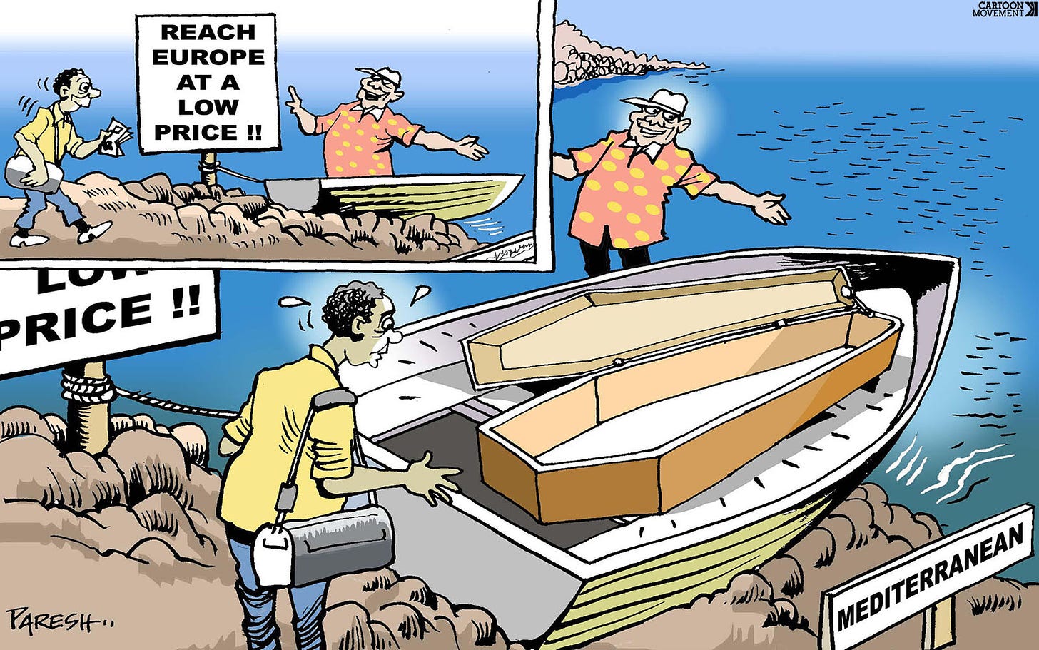 Cartoon showing a migrant being lured to a boat that's going to Europe for a low price by a human trafficker, but as the migrant gets closer to the boat it turns out the boat is a coffin, and to take it will mean a certain death.