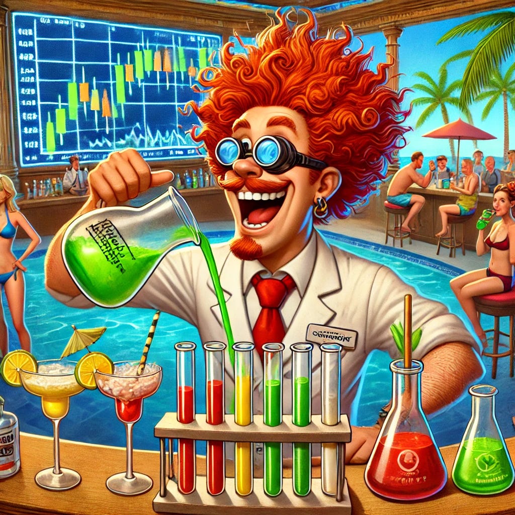 A cartoonish red-headed bartender shaking up margaritas at a poolside bar. He has wild, curly red hair and is enthusiastically using complicated bar measuring equipment like beakers, test tubes, and flasks to mix the drinks. In the background, there's a screen showing trading charts with green and red candlestick patterns, giving the scene a fun yet quirky vibe. The poolside bar setting includes tropical elements like palm trees, a blue pool, and people relaxing with drinks in hand. Bright colors and playful, exaggerated details add to the cartoonish style.