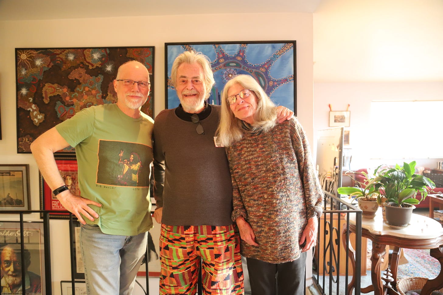 Tim Patterson, Roger Steffens, Mary Steffens, 2023, in the Steffens' LA home