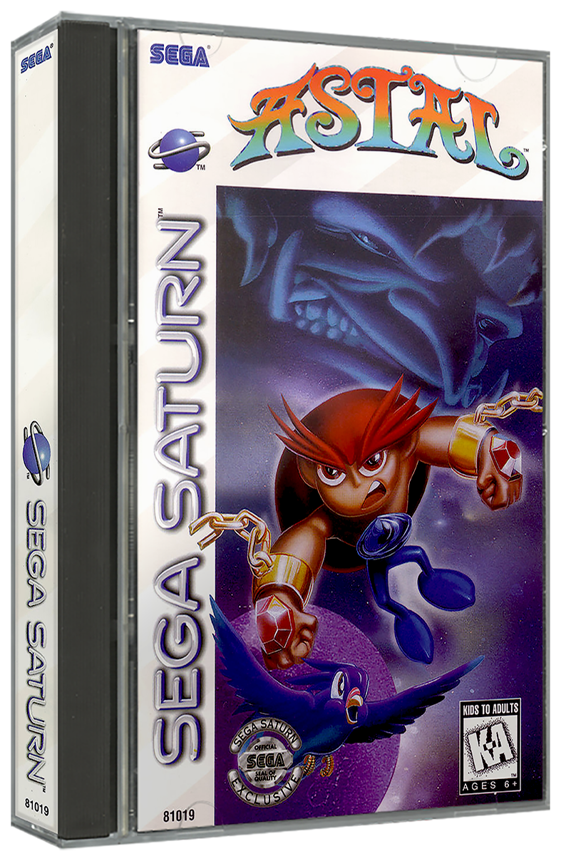 An angled photo of the North American Saturn box for Astal, featuring the Americanized art of the main character, as well as a box with no name of the game on the side of it, making it difficult to know what it is just by seeing it on the shelf.