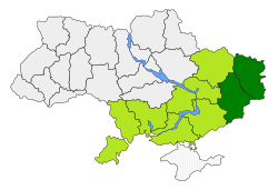 Dark green: Claimed territory of the Donetsk and Luhansk People's Republics Light green: Extent of Novorossiyan claims