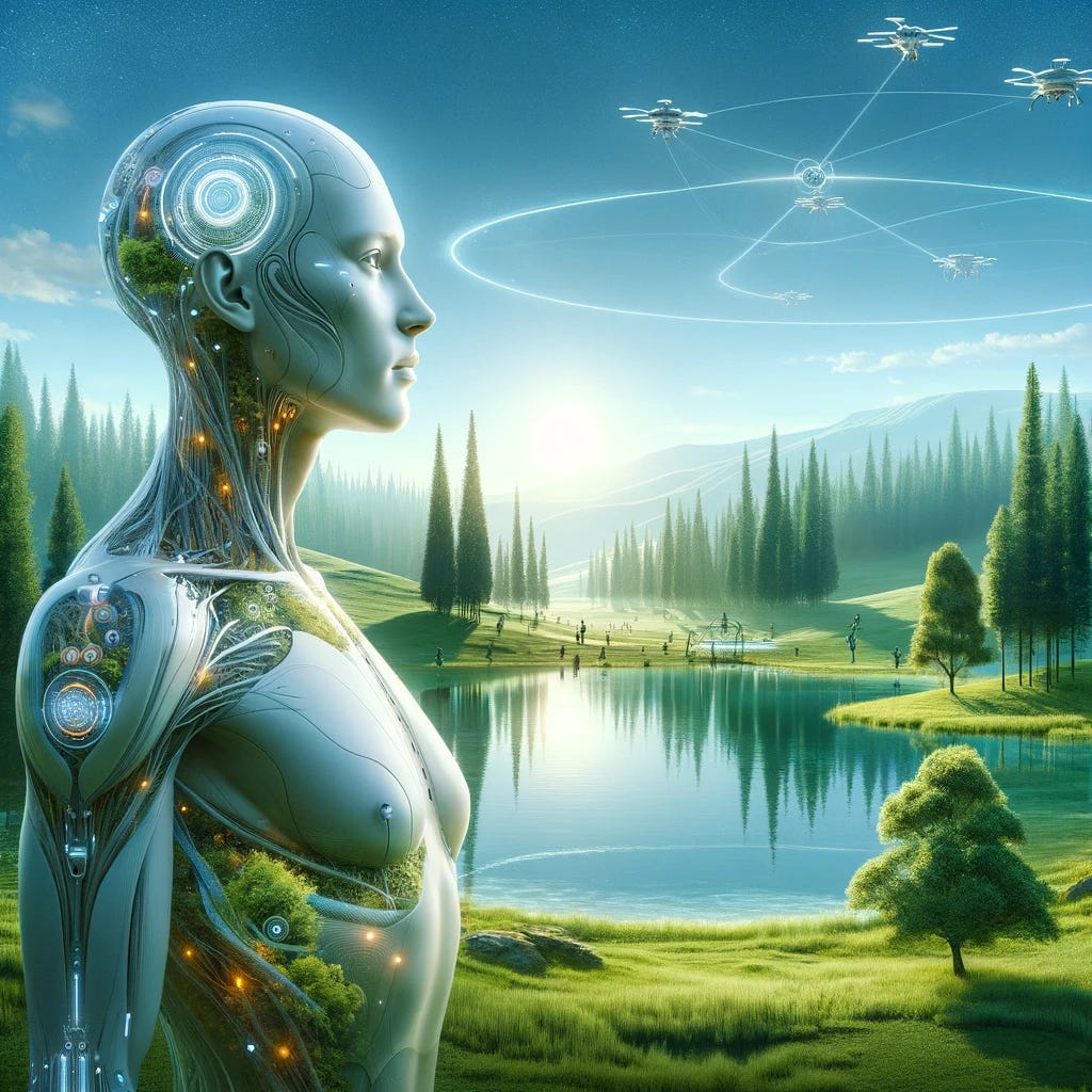 An image representing a wiser, more mature transhumanism, integrating more elements of nature. In the foreground, there is a human figure with elegant and subtle cybernetic enhancements, symbolizing a seamless fusion of humanity and technology. This figure is in a thoughtful pose, looking towards a future where technology and nature coexist. The background features a lush, green landscape with tall trees and a serene lake, contrasting with the futuristic, harmonious architecture. Above, a clear sky is dotted with a few advanced drones or satellites, representing progress. The overall scene is one of balance, where advanced technology is in harmony with the natural environment.