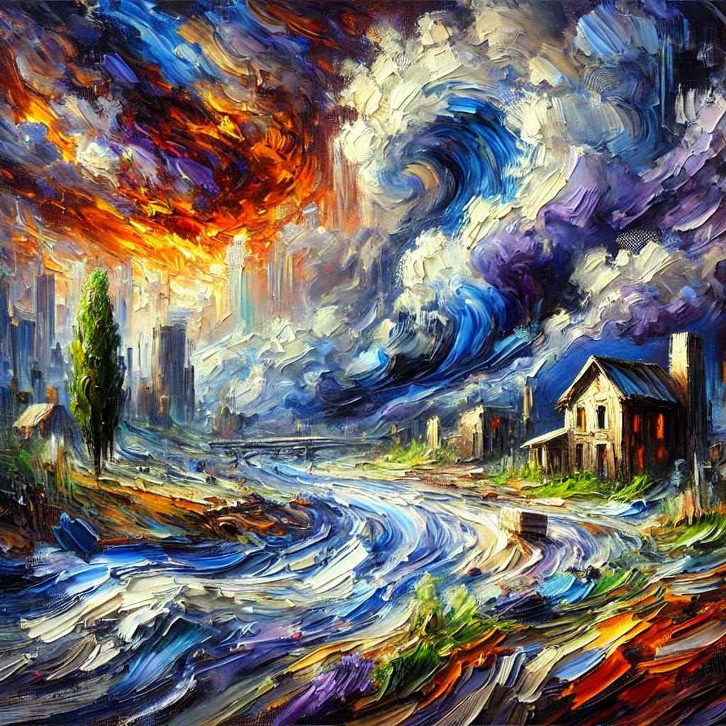 An abstract impressionist oil painting with thick, expressive brush strokes. The scene depicts a dramatic landscape with homes and infrastructure being overtaken by swirling natural forces, symbolizing managed retreat. The colors are rich and bold, with deep blues and purples representing climate risks, fiery oranges and reds conveying disruption, and patches of green and yellow hinting at renewal. The composition is dynamic, with motion and energy suggesting the transformation of private spaces into controlled urban environments. The brushwork should be highly textured, capturing both the beauty and turmoil of the changing world.