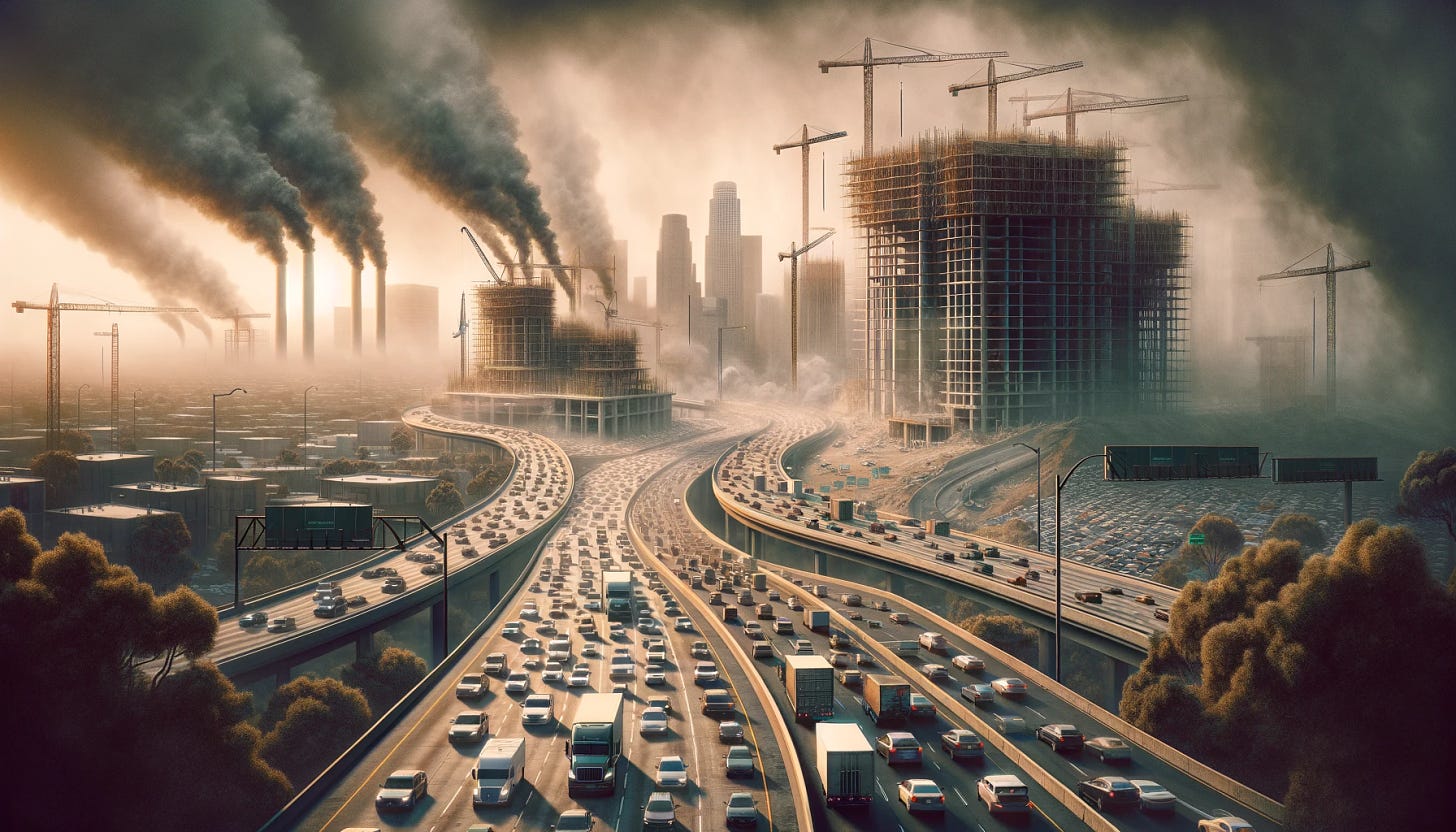 Craft a 16:9 image highlighting the negative aspects of the California Environmental Quality Act (CEQA) for a blog post, focusing more intensely on urban and environmental issues. Illustrate a scene with dense traffic congestion on highways and visible air pollution, set against a backdrop of halted construction projects symbolized by cranes and unfinished buildings. This imagery should starkly represent the paradox of environmental protection efforts leading to increased carbon emissions and urban difficulties. The atmosphere should be heavy with smog, emphasizing the dire environmental impact of stalled development and inefficiencies in transportation. Ensure the scene conveys a critical perspective on CEQA's repercussions in urban settings, under a dusky or polluted sky to intensify the sense of urgency and concern.