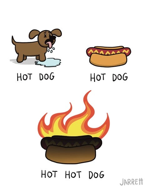 A brown puppy looking stressed with its tongue out and a puddle of drool below it is labelled "HOT DOG." A hot dog on a bun with mustard on it is labelled "HOT DOG." A hot dog that is on fire and is totally burnt is labelled "HOT HOT DOG."