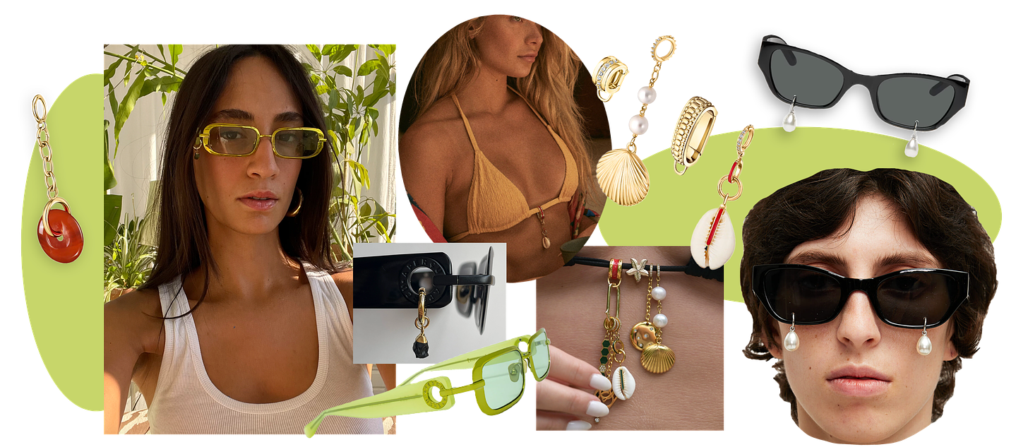 Various accessories supporting the dangle theory, including Apercu Eyewear and glasses charms, Dorne bikini jewelry, and Kimhekim pearl tear sunglasses