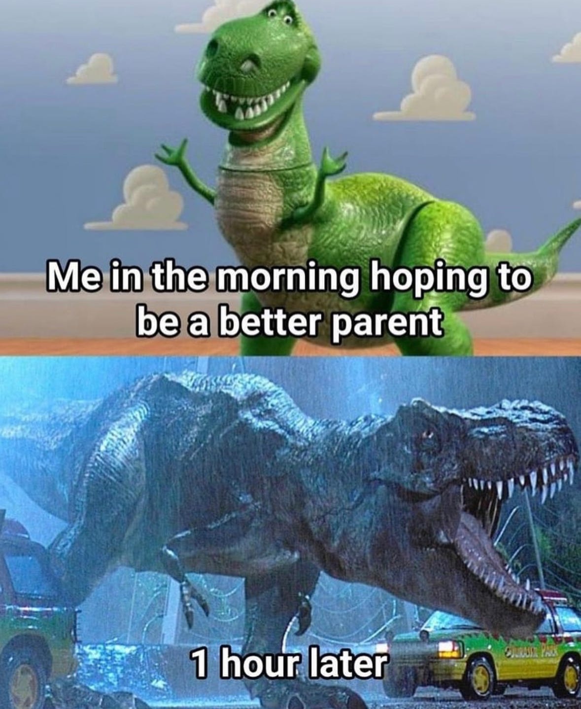 Meme showing a t-rex gentle parenting