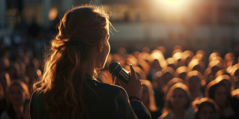 A woman confidently holds a microphone in front of a large crowd. Perfect for events, public speaking, or presentations