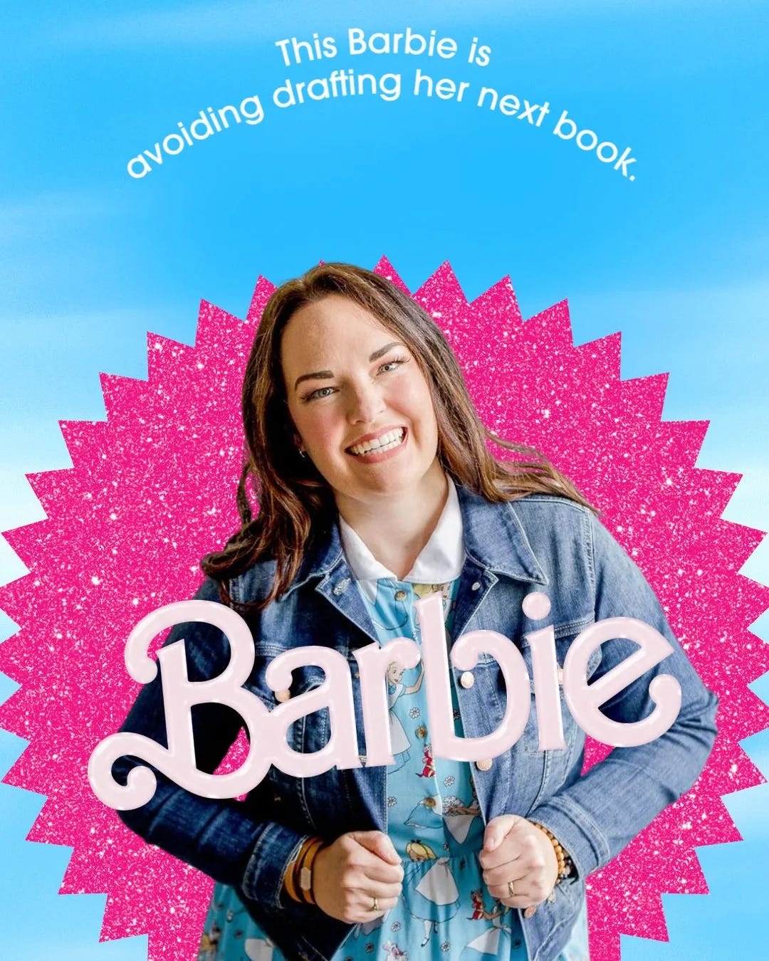 A white woman (me) is shown on a Barbie graphic with the words "This Barbie is avoiding drafting her next book.