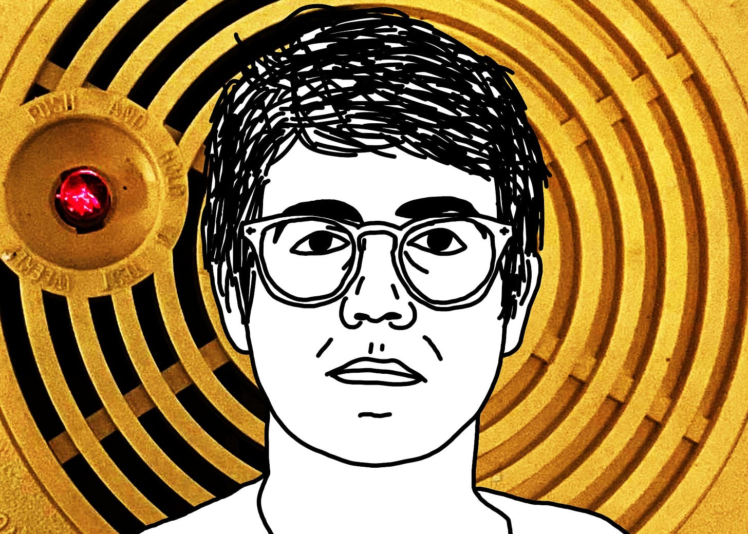 A black line drawing of Alex, the protagonist of "I Hear You Watching." He is white, short messy parted hair, glasses. He stares straight at you, unsmiling. The background is the close-up circular grille and lit red lightbulb of a smoke detector.