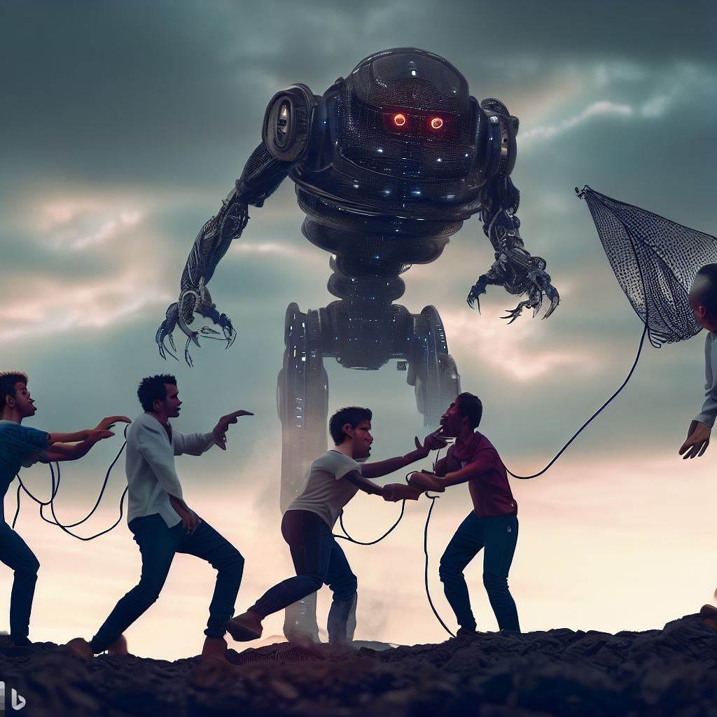 An giant AI robot looms in a cloudy sky while men try to net it with a kite.