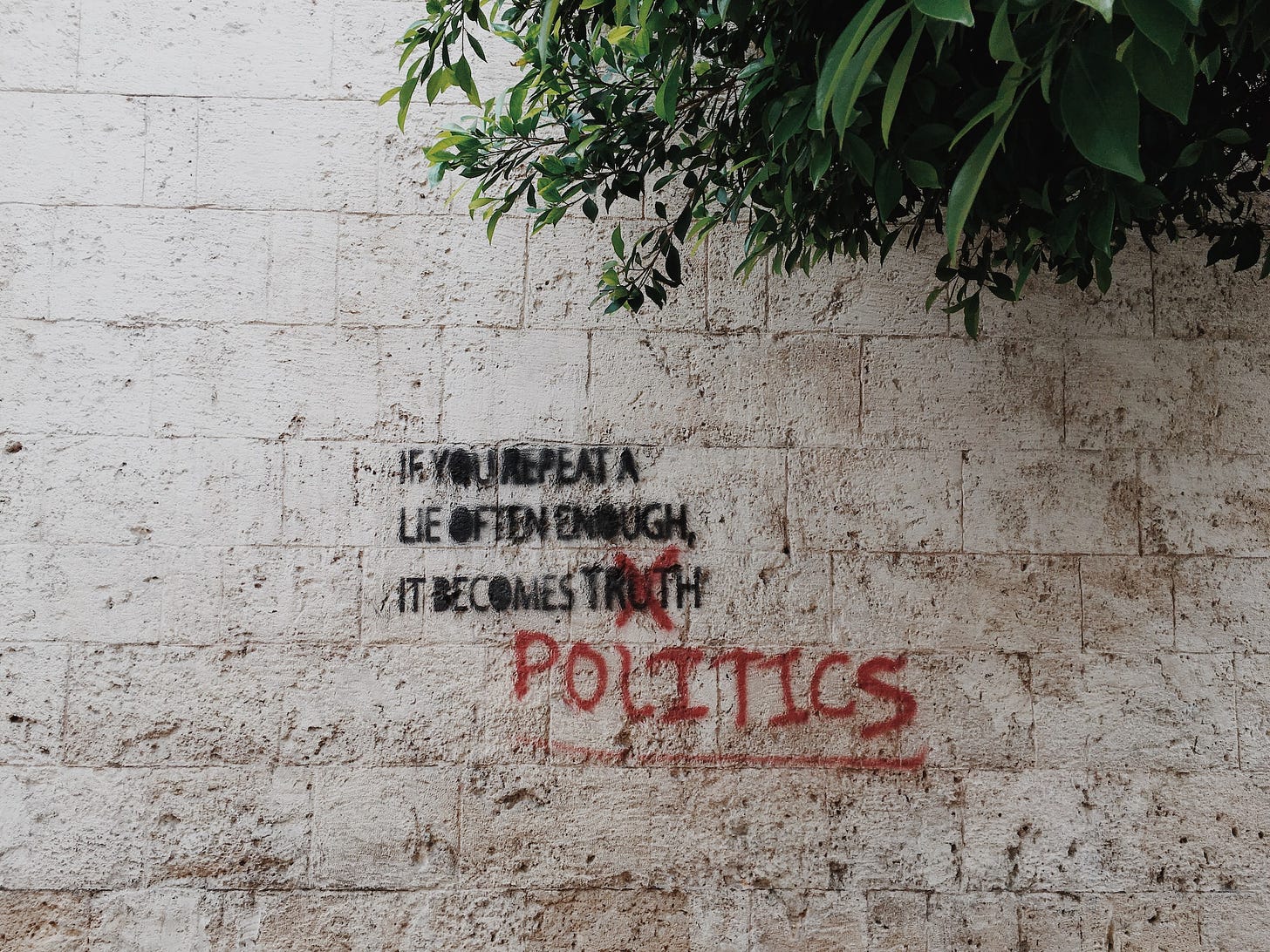 Grafitti on a wall in black paint reads "If you repeat a lie often enough it becomes truth." A red X is marked over the word "truth" and below it is written "politics."