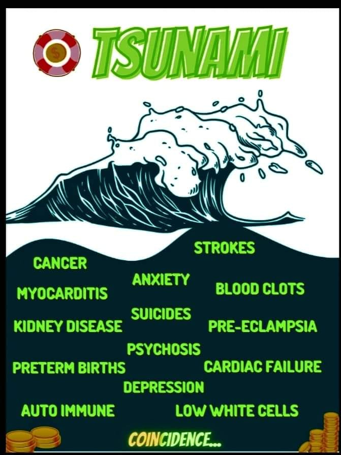 May be a graphic of poster, water and text that says "O TSUNAMI CANCER STROKES ANXIETY MYOCARDITIS BLOOD CLOTS SUICIDES KIDNEY DISEASE PRE-ECLAMPSIA PSYCHOSIS PRETERM BIRTHS CARDIAC FAILURE DEPRESSION AUTO IMMUNE LOW WHITE CELLS COINCIDENCE..."