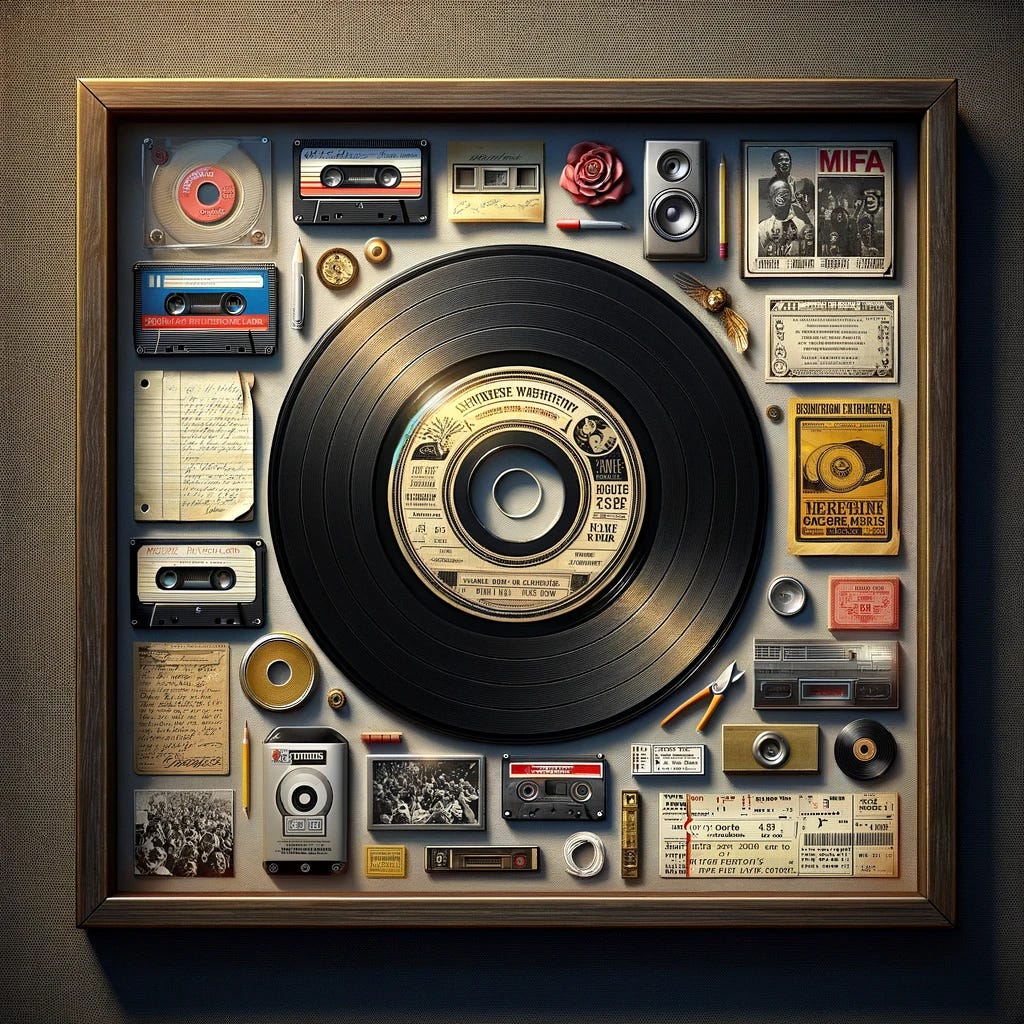 Create a squared and centered shadow box frame artwork with photo-realistic items symbolizing the themes of music preservation, underground culture, and the legacy of music over generations. Inside the frame, include artifacts such as a vintage mixtape, vinyl records, concert tickets, and personal notes, all meticulously arranged. Each artifact should be rendered in great detail, with all text replaced by 'Greek' (placeholder text) to focus purely on the visual representation. The composition should emphasize the concept of conserving cultural and musical heritage for future generations.