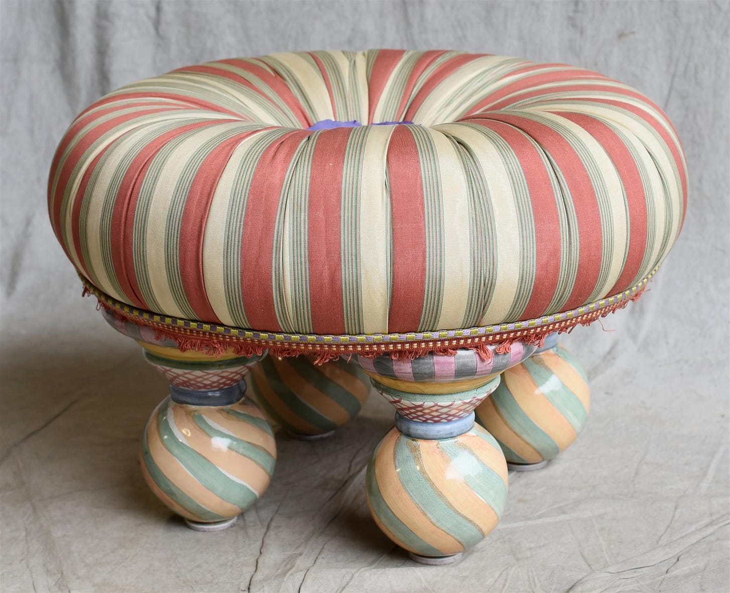Sold Price: Mackenzie Childs striped tuffet, ceramic painted ball feet,  marked on base Victoria and Richard Mackenzie Childs, October 2, 1993, a...  - June 2, 0119 10:00 AM EDT