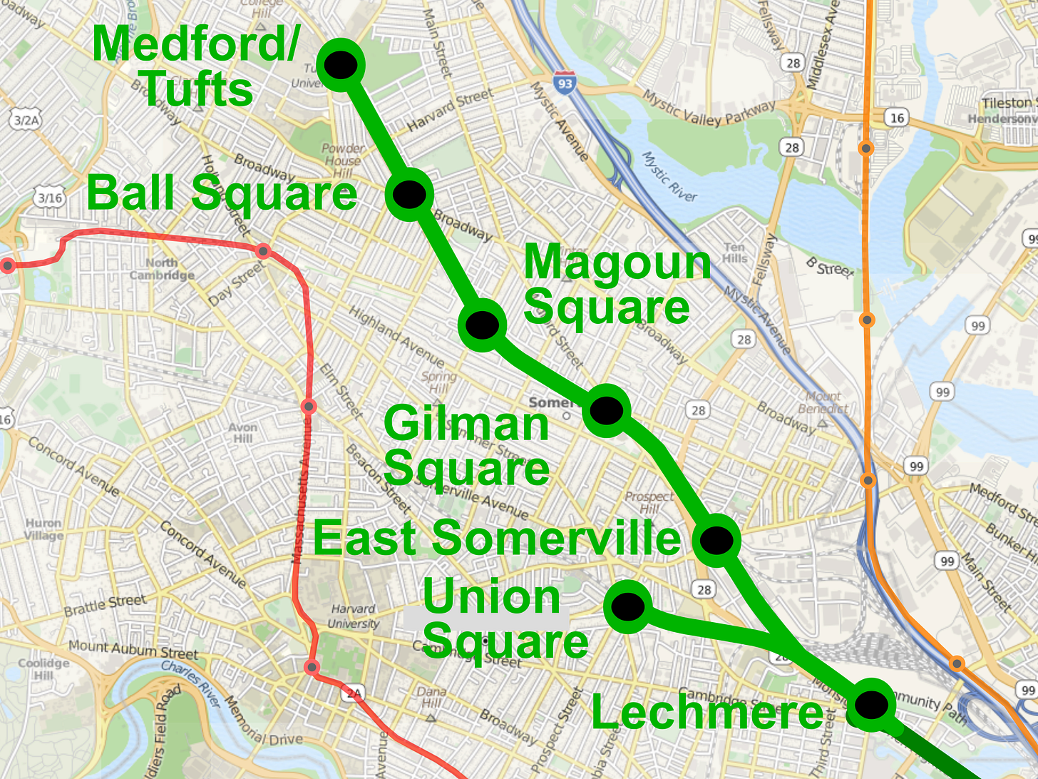 Map of the inner northwest suburbs of Boston, with existing subway lines shown. Two branches meet at Lechmere station in the southeast corner of the map. One branch goes west to Union Square; the other goes northwest to East Somerville, Gilman Square, Magoun Square, Ball Square, and Medford/Tufts.