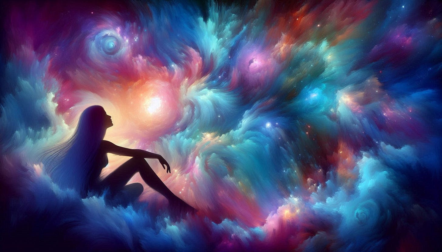A woman sits peacefully as colorful, swirling cosmic clouds and radiant light surround her, symbolizing mental clarity, creativity, and freedom from distraction. A woman sits peacefully as colorful, swirling cosmic clouds and radiant light surround her, symbolizing mental clarity, creativity, and freedom from distraction.