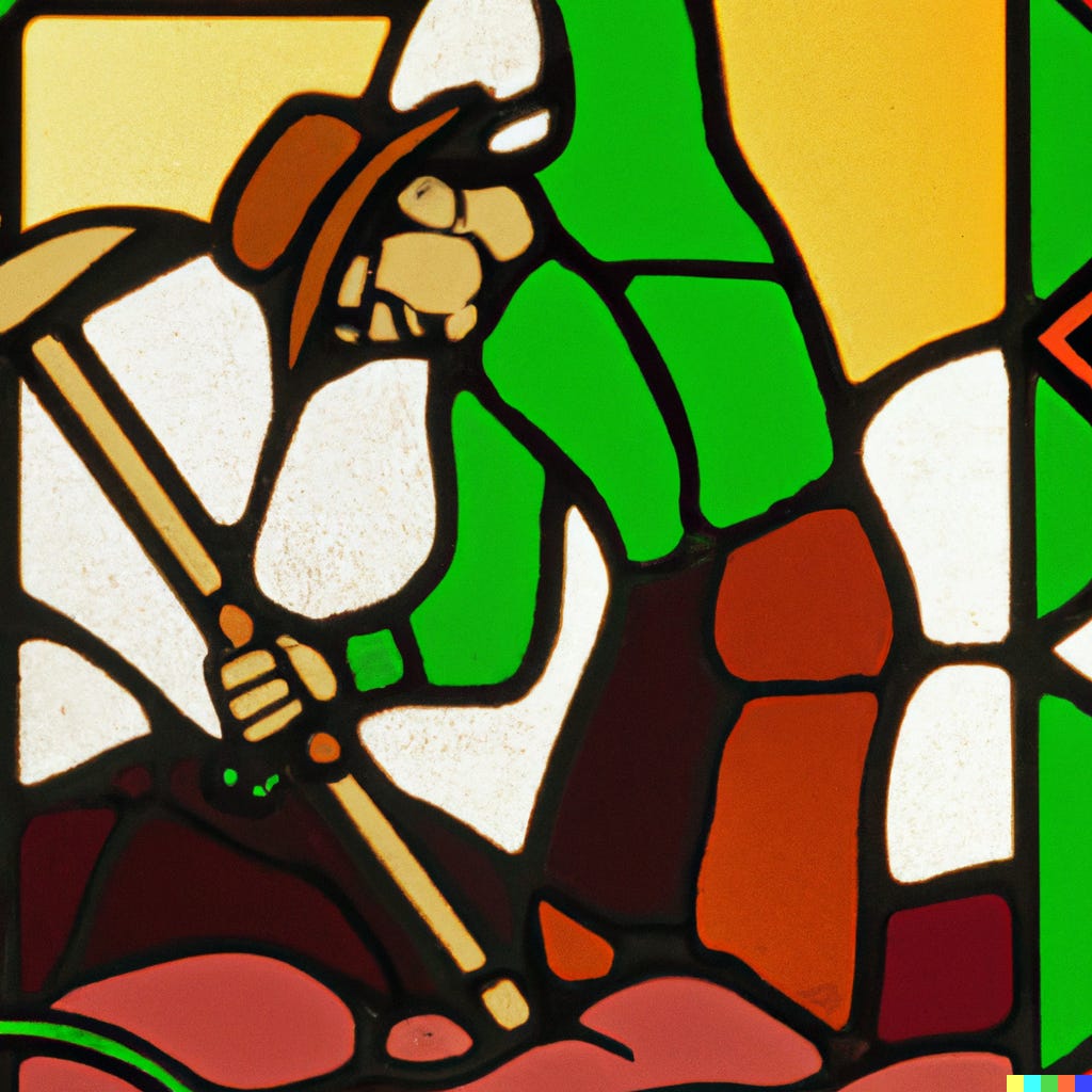 Stained glass picture of a man digging a hole