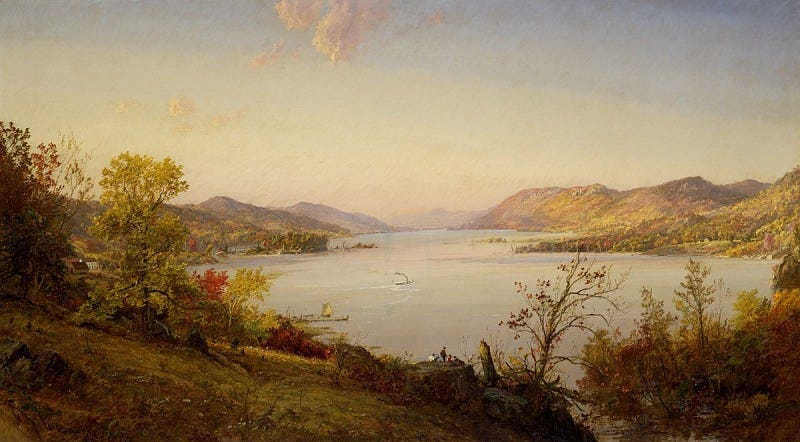 a painting of a lake with small figures in the foreground