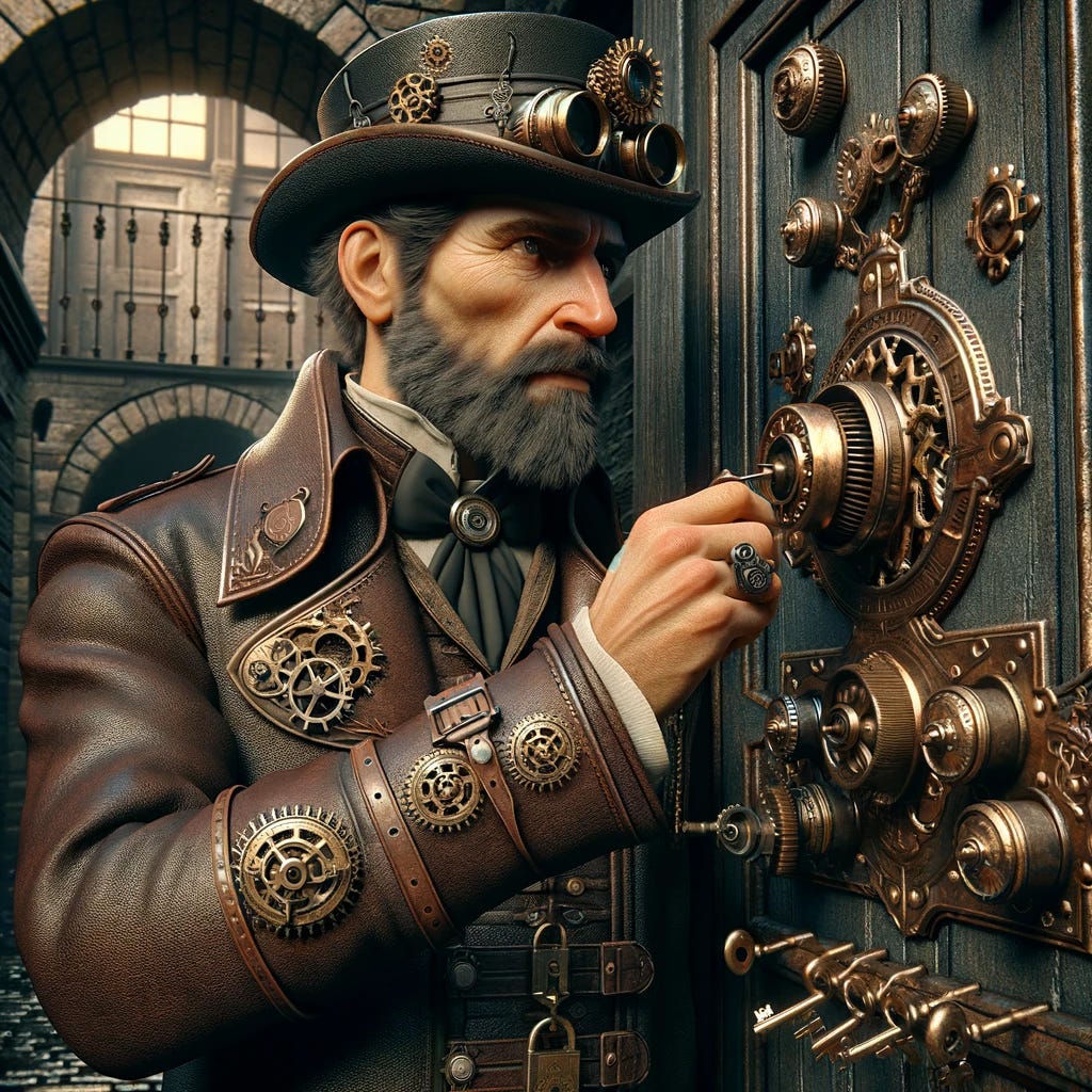 A photorealistic image of a steampunk-themed police officer, without any weapons. The officer is a middle-aged Caucasian man with a neatly trimmed beard, wearing a dark brown leather uniform adorned with brass gears and intricate cogs. He is intently trying to unlock an ornate, heavy wooden door with a large brass lock, using a large ring of assorted, old-fashioned keys. The setting is a dimly lit, cobblestone alleyway, enhancing the mysterious and vintage atmosphere of the scene.