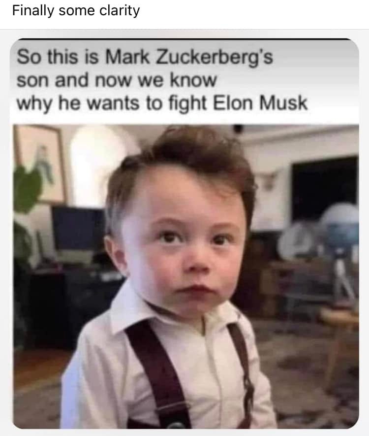 May be an image of 1 person and text that says 'Finally some clarity So this is Mark Zuckerberg's son and now we know why he wants to fight Elon Musk'