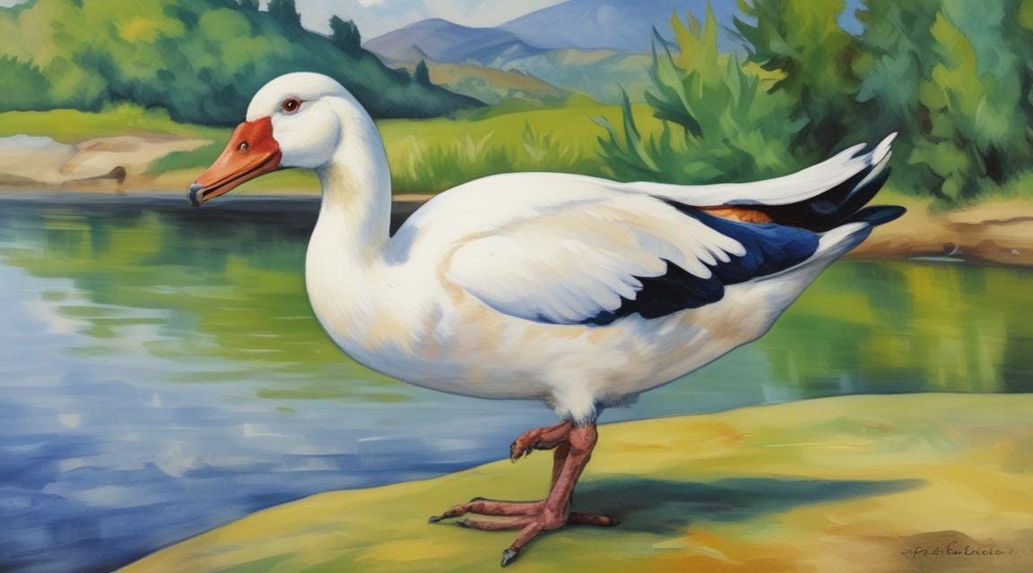 white gander with blue accents standing by pond