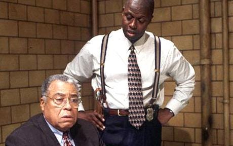This still image from "Blood Ties: Part 2," the second episode of Homicide: Life on the Street's sixth season, shows Felix Wilson (played by James Earl Jones) sitting in The Box being questioned by Detective Frank Pembleton (played by Andre Braugher). Pembleton stands behind Wilson, who looks off-camera. This still image from "Blood Ties: Part 2," the second episode of Homicide: Life on the Street's sixth season, shows Felix Wilson (played by James Earl Jones) sitting in The Box being questioned by Detective Frank Pembleton (played by Andre Braugher). Pembleton stands behind Wilson, who looks off-camera.