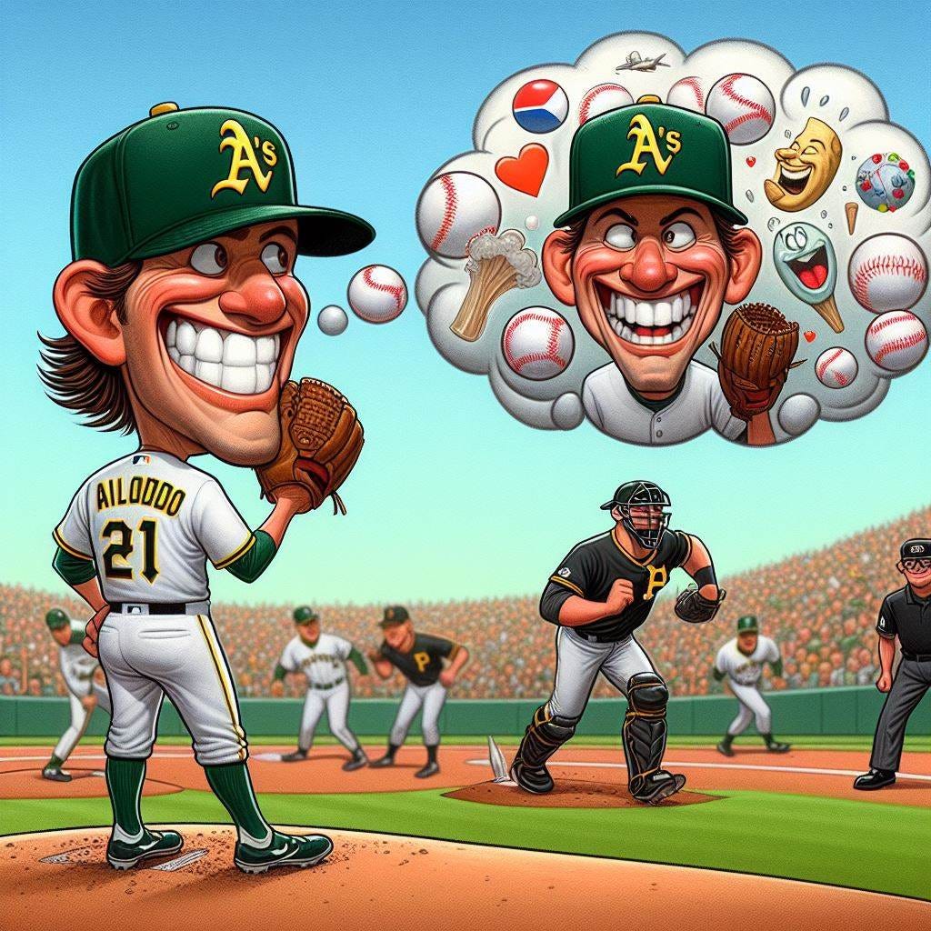 caricature of Oakland A's pitcher facing the Pittsburgh pirates. The bases are loaded in the third inning but he has a thought bubble imagining himself celebrating a no-hitter