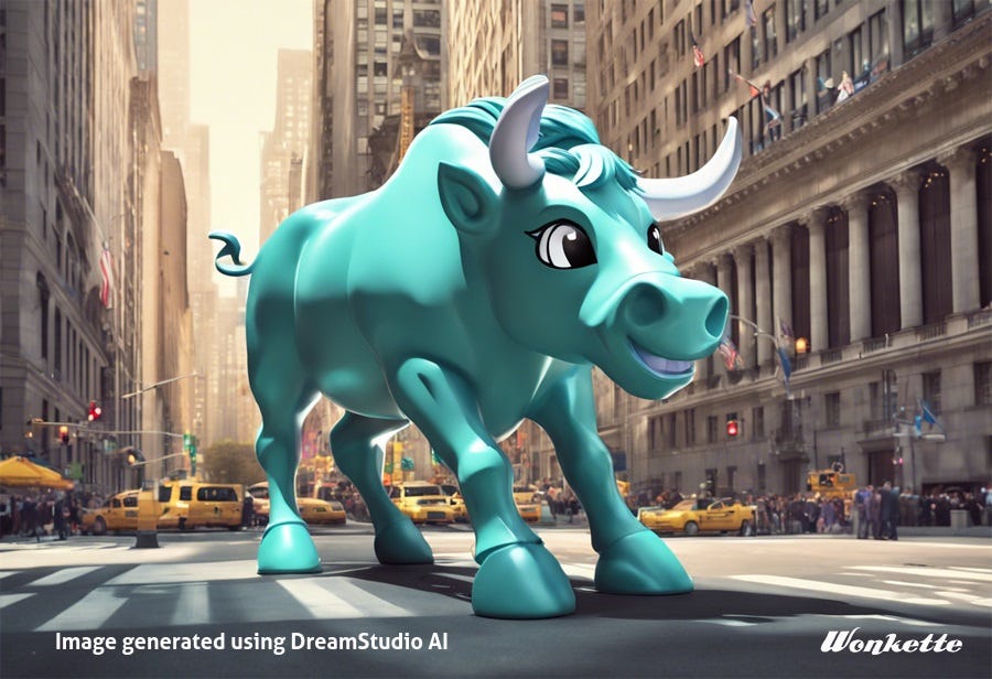 AI-generated image of the iconic Wall Street Bull statue in the cartoony style of My Little Pony: Friendship is Magic. Blue-green cartoony bull stands smiling in the middle of a photorealistic street with office towers and AI-jumbled taxis in the background