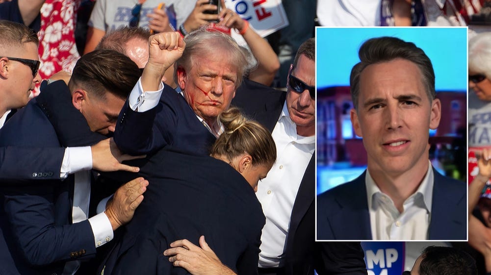 Composite image featuring Senator Josh Hawley superimposed over a photo of Donald Trump with a bloodied ear, fist raised, surrounded by U.S. Secret Service agents after a shooting incident.