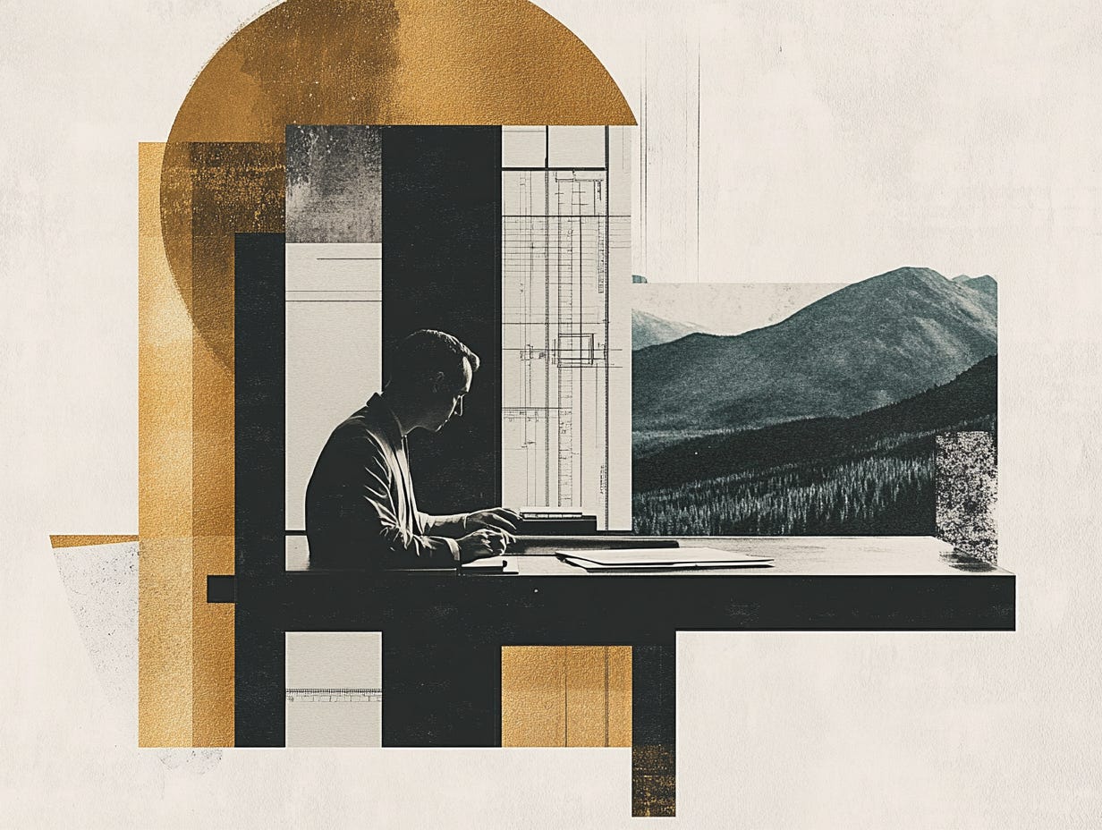 Collage style art with a man at an architecture drafting table.