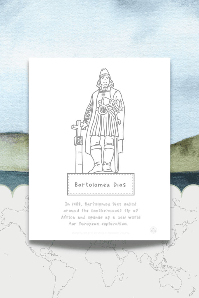 This first printable on our Famous Explorers word search blog post is a coloring page featuring an image of Bartholemew Diaz.