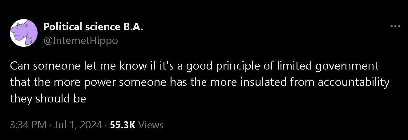 A post from Twitter user Internet Hippo, which reads: “Can someone let me know if it’s a good principle of limited government that the more power someone has the more insulated from accountability they should be”, posted on July 1, 2024.